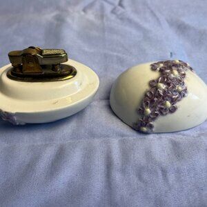 Vintage Minx 2 pc Porcelain Egg Table Lighter Floral Design Purple flowers RARE